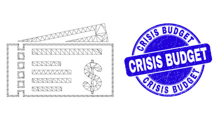 Obraz premium Web carcass dollar cheques pictogram and Crisis Budget seal. Blue vector rounded scratched seal stamp with Crisis Budget phrase.
