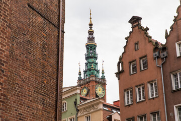 Gdansk, Poland - Juny, 2019: The Long Lane street in Gdansk. Architecture of the old town in Gdansk with city hall.
