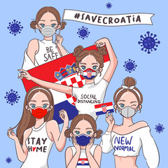 Vector Illustration for Campaign on Covid-19 Prevention : Set of pretty girls wearing medical mask and holding national flag