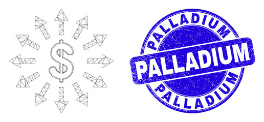 Web carcass dollar emission icon and Palladium seal stamp. Blue vector round grunge seal with Palladium text. Abstract frame mesh polygonal model created from dollar emission icon.
