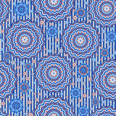 Seamless ornamental oriental pattern. Repeating striped tiles with mandala. Vector laced decorative background with floral and geometric ornament. Indian or Arabic motive. Boho festival style