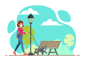 Solo outdoor activity female wearing medical masks walking with a bulldog dog in the park, new normal, social distancing, enjoying time alone in nature.Vector illustration flat for banner and website.