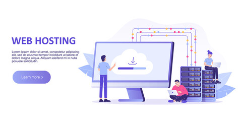 Web hosting concept. Online database, server, web data center, cloud computing, technology, computer, security. Landing page template design. Isolated modern vector illustration for web banner
