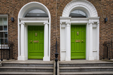 Colorful georgian doors in Dublin, Ireland. Historic doors in different colors painted as protest against English King George legal reign over the city of Dublin in Ireland