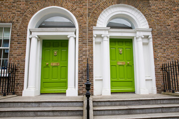 Colorful georgian doors in Dublin, Ireland. Historic doors in different colors painted as protest against English King George legal reign over the city of Dublin in Ireland