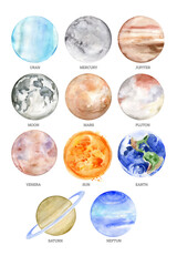 Watercolor planets of the solar system isolated on white background. Astronomical observatory small planet Pluto, Venus, Mercury, Neptune, Uranus, Sun, Earth, Saturn icons set. Astronomy galaxy space.