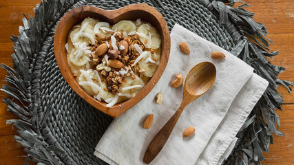 Heart shaped smoothie bowl. View from above. Healthy food