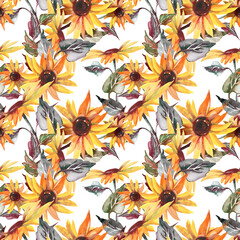 Sunflowers Seamless Pattern. Watercolor Floral Background.