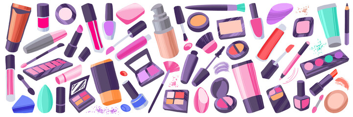 Makeup items set. Hand drawn colorful cosmetic elements.