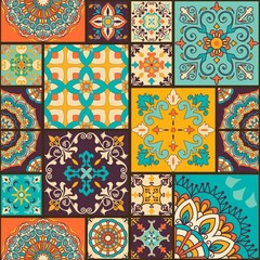 Seamless colorful patchwork tile with Islam, Arabic, Indian, ottoman motifs. Majolica pottery tile. Portuguese and Spain decor. Ceramic tile in talavera style. Vector illustration