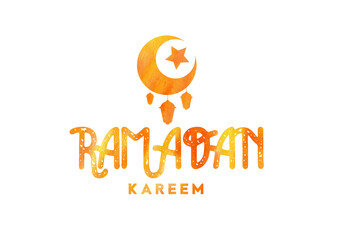 Ramadan kareem vector greetings typography design with watercolor background and moon and lamps and star. Vector illustration.
