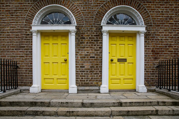 Colorful georgian doors in Dublin, Ireland. Historic doors in different colors painted as protest against English King George legal reign over the city of Dublin in Ireland