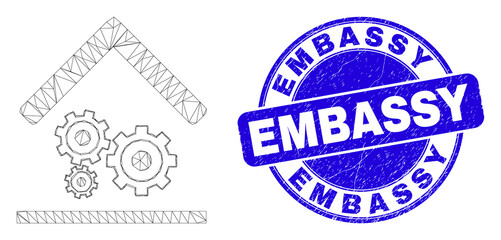 Obraz premium Web mesh engine service garage pictogram and Embassy stamp. Blue vector round scratched seal stamp with Embassy message.