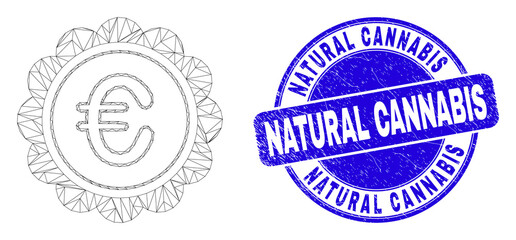 Web mesh euro award icon and Natural Cannabis seal. Blue vector rounded grunge seal with Natural Cannabis message. Abstract carcass mesh polygonal model created from euro award pictogram.