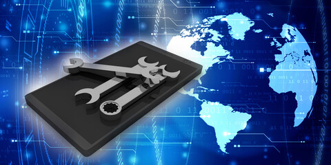 3d rendering mobile phone with  wrench and spanner