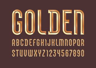 Golden flat alphabet from chiseled block, font with effect of gold metallic, beveled letters and numbers, vector illustration 10EPS