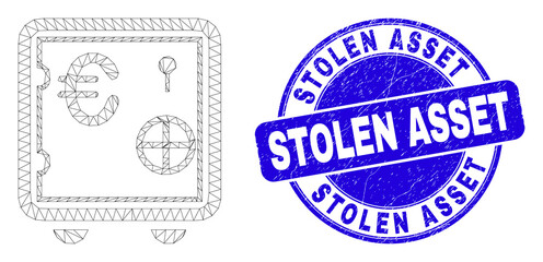 Web mesh euro banking safe pictogram and Stolen Asset seal stamp. Blue vector rounded grunge seal stamp with Stolen Asset text.