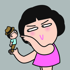 A Grumpy Girl Pointing Finger At Her Lover Boy. Be Careful, I Am Watching You Concept Card Character illustration