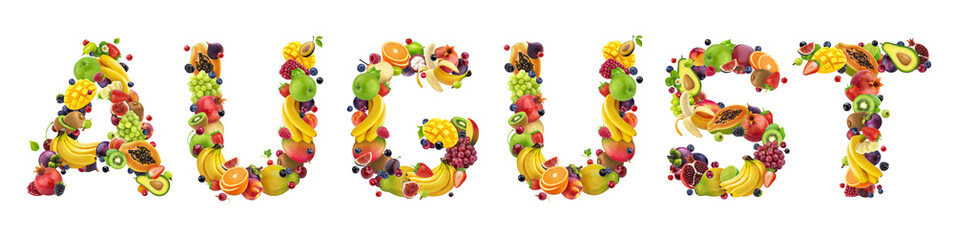 August word made of different fruits and berries