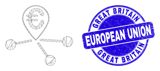 Obraz premium Web carcass euro location links icon and Great Britain European Union watermark. Blue vector round distress watermark with Great Britain European Union title.