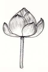 Monochrome Lotus drawing isolated on white background. Botanical illustration.