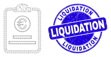 Obraz premium Web mesh euro price pad pictogram and Liquidation seal stamp. Blue vector rounded distress seal stamp with Liquidation caption. Abstract frame mesh polygonal model created from euro price pad icon.