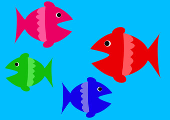 Cartoon colorful fish on a blue background. Green, blue, pink, red fish. Children's illustrations. Drawing.