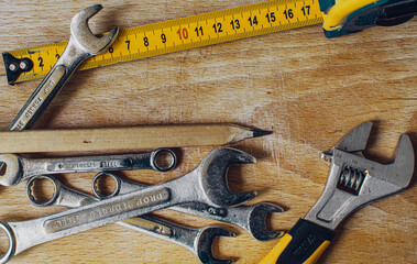 tools on a wooden background