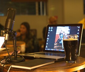 Podcast studio with beverages and drinks beer