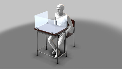 Fototapeta na wymiar School desk with plexiglass dividers - rotation loop - student - 3D models illustration on a white background