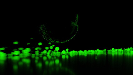 Abstract stream of spherical particles reflected from a large black circular sphere. Paricles are glowing green and have different brightness. 3d illustration with copyspace