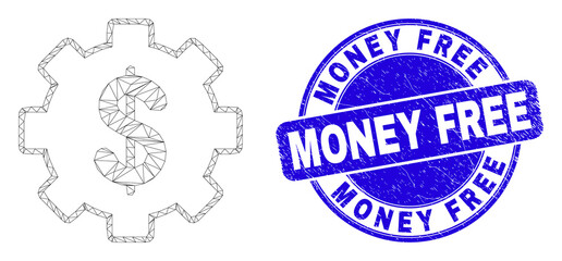 Web mesh financial settings icon and Money Free seal. Blue vector round grunge watermark with Money Free title. Abstract frame mesh polygonal model created from financial settings icon.