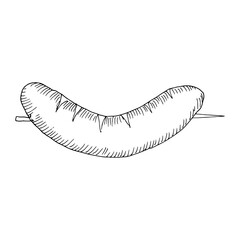 Sausage grilled on skewer isolated on white background. Vector hand drawn sketch illustration in doodle outline style. Concept of bbq, barbecue, camping, stweet food, shawarma, kebab, grill cooking.