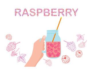 Hand holding mason jar with raspberry with quote of PASPBERRY