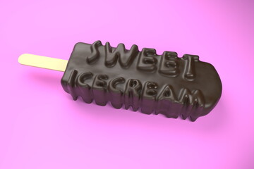 Sweet icecream text on classic chocolate ice cream isolated on pink background 3d illustration