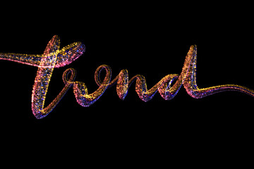 Trend word lettering made by colorful rainbow circles confetti over black background
