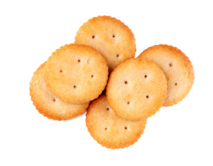 Cracker isolated on white background. Dry cracker cookies isolated. Salty snacks isolated. Top view.