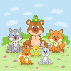 Portrait of cute forest animals that are sitting in the meadow. Bear, wolf, fox, squirrel, rabbit, frog and chicken. In cartoon style. Vector illustration