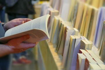 Close up perspective view of man hands holding an open book near book rows in book fair selective...