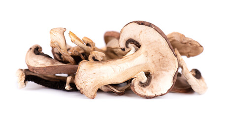 Dried sliced mushrooms isolated on white background. Dry champignons.