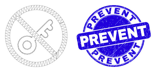 Web mesh forbidden key icon and Prevent seal stamp. Blue vector round textured seal with Prevent message. Abstract carcass mesh polygonal model created from forbidden key icon.