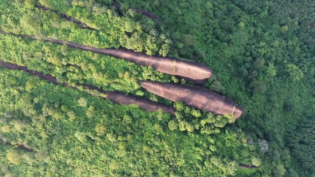 Aerial top view of Three whale stones. Bird eye view shot of three whales rock in Phu Sing Country park in Bueng Kan. Aerial shot of three rock whales in Phu Sing Country park in Bueng Kan, Thailand
