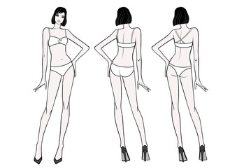 Full length front, back view of a standing woman in swimsuit.