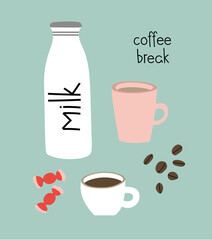 Vector illustration of cups with espresso and cappuccino, milk bottle, and coffee beans.