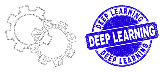 Web carcass gears icon and Deep Learning watermark. Blue vector rounded grunge watermark with Deep Learning phrase. Abstract frame mesh polygonal model created from gears icon.