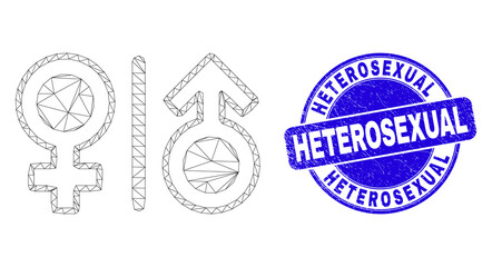 Web mesh gender symbols pictogram and Heterosexual seal stamp. Blue vector round grunge seal stamp with Heterosexual message. Abstract frame mesh polygonal model created from gender symbols icon.