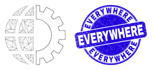 Web carcass global industry pictogram and Everywhere seal stamp. Blue vector rounded textured seal stamp with Everywhere caption.