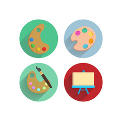 Art supplies: easel with canvas, brushes, watercolor, palette. Drawing creative materials flat icon set with long shadow
