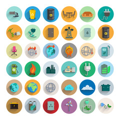 Eco flat icon set with long shadow, chemical waste, nuclear pollution, battery, global warming, factory, alternative energy, energy saving bulb