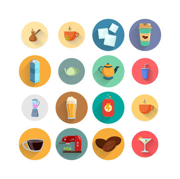 drinks flat icon set with long shadow, with beer, coffee, milk box, soda, energy drink, cup of coffee, kettle, tea